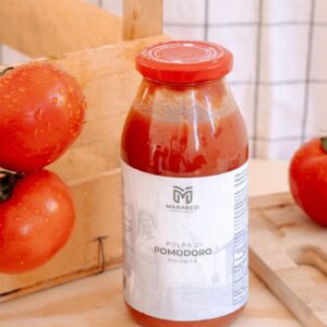 Bottiglia di polpa di pomodoro biologico Manaresi Aziende Agricole